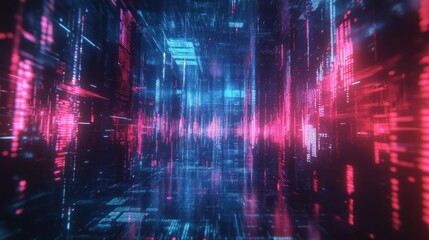 Fototapeta premium A futuristic digital landscape with vibrant blue and pink light patterns.
