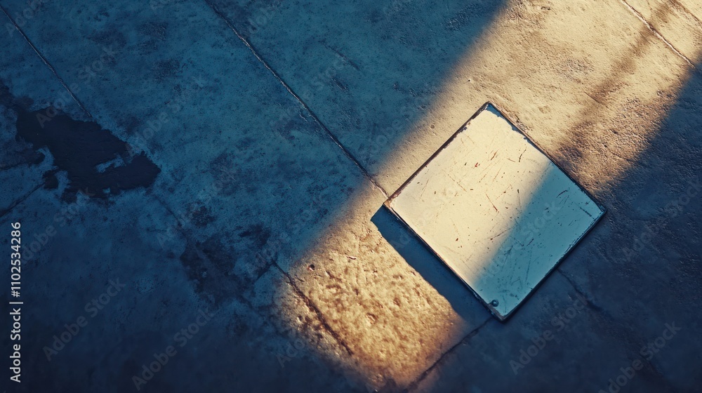Aufkleber a metallic square on a textured surface, illuminated by a beam of light.