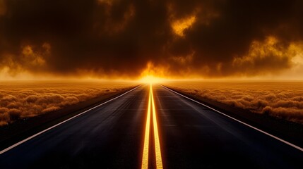 Naklejka premium A mist-covered road fading into a dense fog bank, with golden sunlight breaking through the clouds, symbolizing hope and success beyond uncertainty