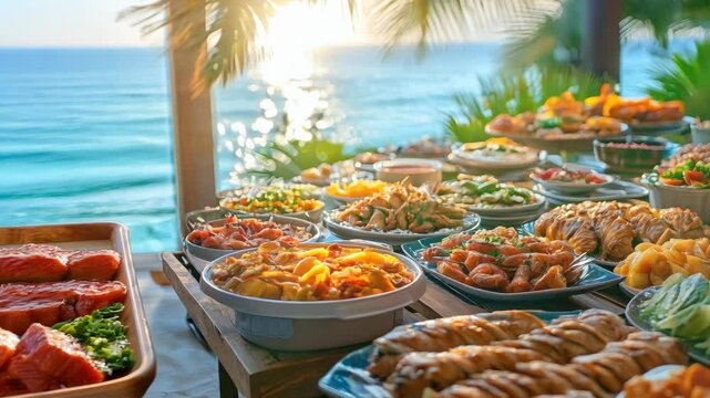 Breakfast in tropical hotel with sea view Buffet food in restaurant in modern resort Concept of travel and summer vacation 4K Video