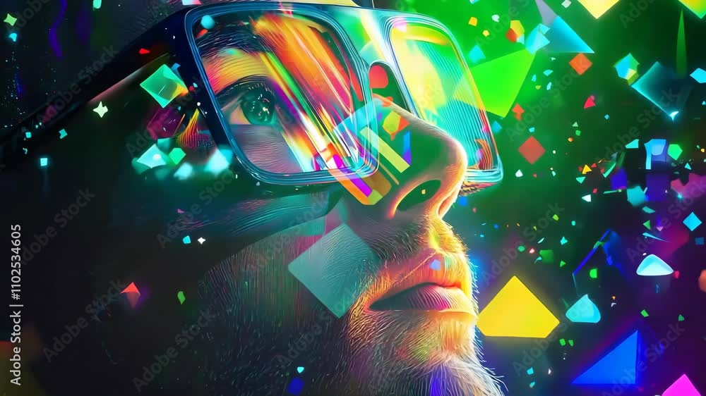 Poster generative ai of abstract bright man in glasses on black background with colorful geometric shapes r