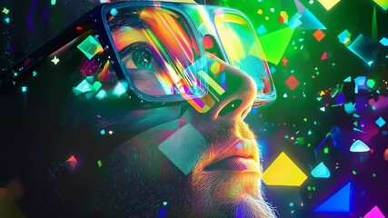 Generative AI of abstract bright man in glasses on black background with colorful geometric shapes representing concept of virtual reality 4K Video - Powered by Adobe