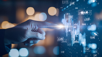 Dynamic financial interface, human hand interacting with a digital graph