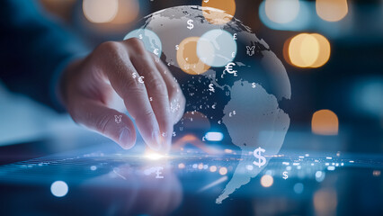 Dynamic financial interface, human hand interacting with a digital graph