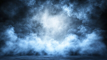 A misty atmosphere with swirling clouds of blue fog, creating a mysterious and ethereal backdrop.