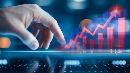 Dynamic financial interface, human hand interacting with a digital graph