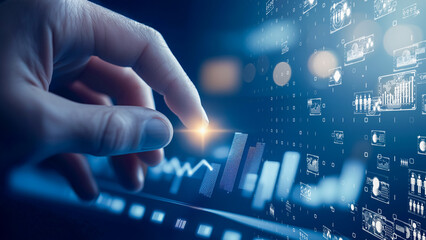 Dynamic financial interface, human hand interacting with a digital graph