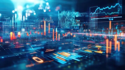 Abstract digital data visualization with graphs and metrics.