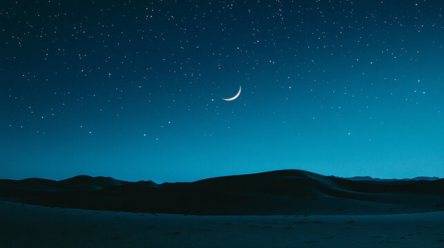 A serene night sky with a crescent moon above dark sand dunes, sprinkled with stars, creating a tranquil and mystical atmosphere.