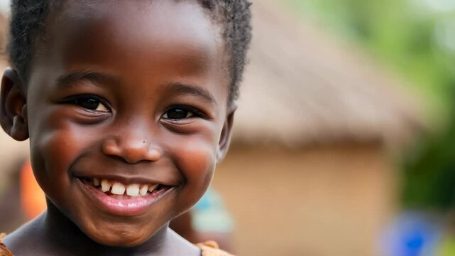 Portrait of black African child happy smiling boy in rural village, cheerful young kid with joyful face, happiness and beautiful childhood, celebrating ethnic culture laughter 4K Video