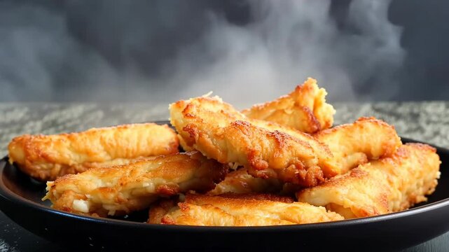 Crispy fish strips arranged on a platter set against a rustic backdrop. 4K Video