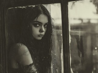Mysterious Girl by Window, Black and White Portrait