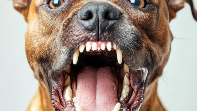 Closeup front view face portrait of aggressive barking dog with open mouth and sharp jaw teeth, isolated. Angry dangerous domestic pet animal, furious guard pitbull attack bite, 4K Video