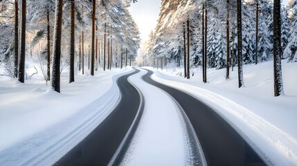 Obraz premium A narrow snow-covered road in a forest, surrounded by towering evergreens, peaceful winter landscape with fresh, untouched snow. Snowy forest road, tranquil winter