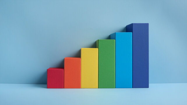 Colorful bar graph made of blocks on blue background