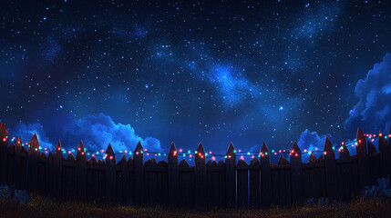 A serene night sky filled with stars illuminates a landscape featuring a wooden fence adorned with lights, creating a magical atmosphere.