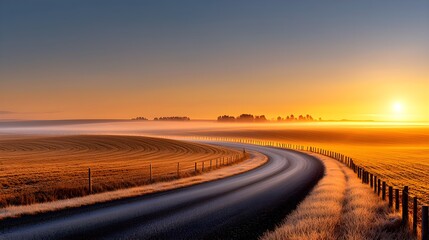 A peaceful country road winding through golden fields at sunrise, with soft morning light and mist rising from the earth, creating a tranquil and beautiful scene