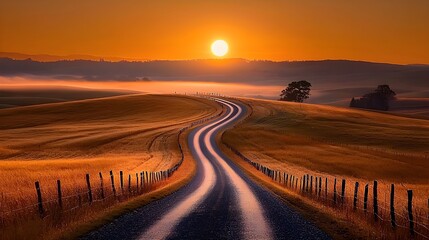 Fototapeta premium A peaceful country road winding through golden fields at sunrise, with soft morning light and mist rising from the earth, creating a tranquil and beautiful scene