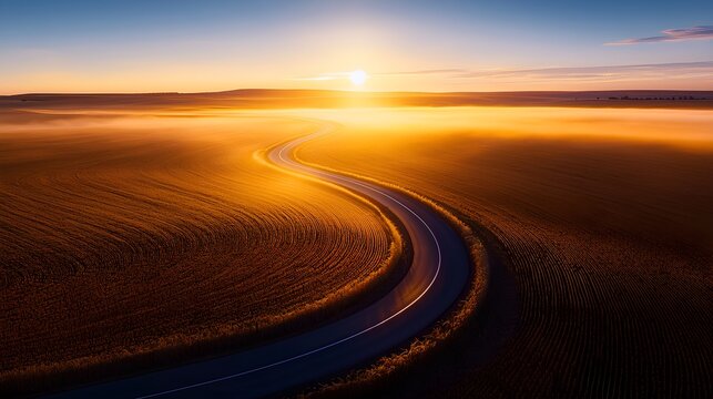 A peaceful country road winding through golden fields at sunrise, with soft morning light and mist rising from the earth, creating a tranquil and beautiful scene