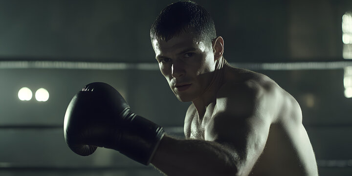 Boxeador desferindo um soco poderoso no ringue