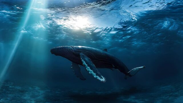 An immersive 360-degree equirectangular panorama of a majestic humpback whale, gliding gracefully through the ocean depths and surrounded 4K Video