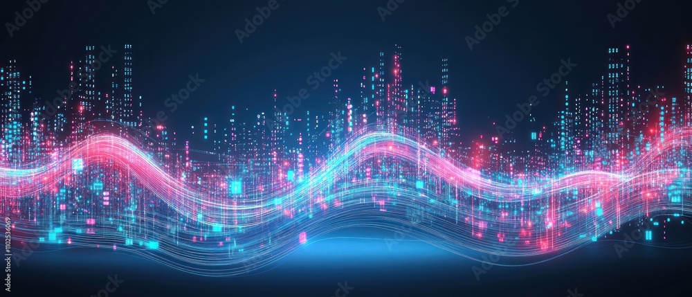 Poster abstract digital visualization of data waves with vibrant colors representing technology and innovat