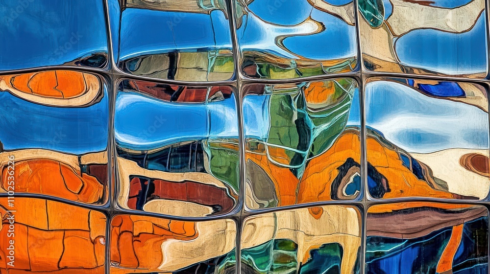 Poster a colorful reflection in a distorted glass surface, showcasing vibrant shapes and patterns.