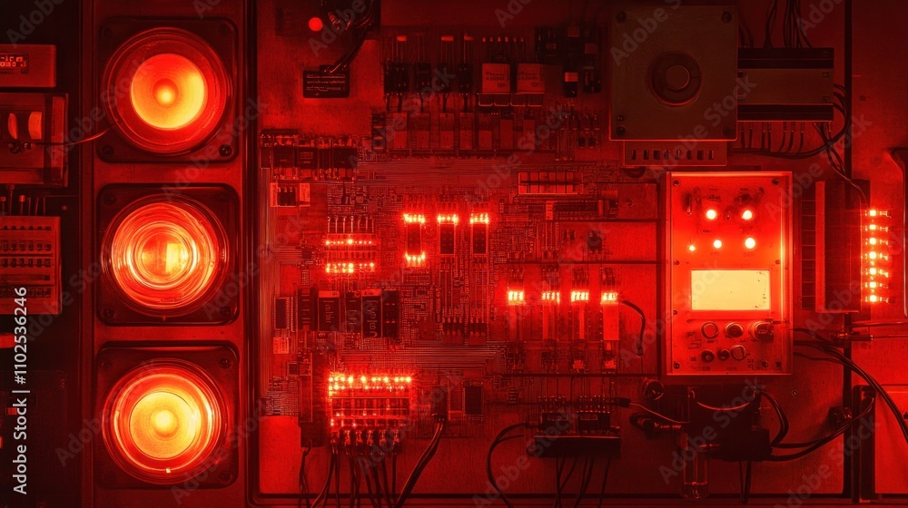Poster a complex circuit board illuminated in red, showcasing electronic components and controls.