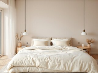 A cozy and inviting bedroom with a minimalistic aesthetic, featuring a neutral color palette and soft, textured bedding, relaxation, neutral, soft