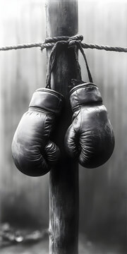 Luvas de boxe penduradas no poste do ringue