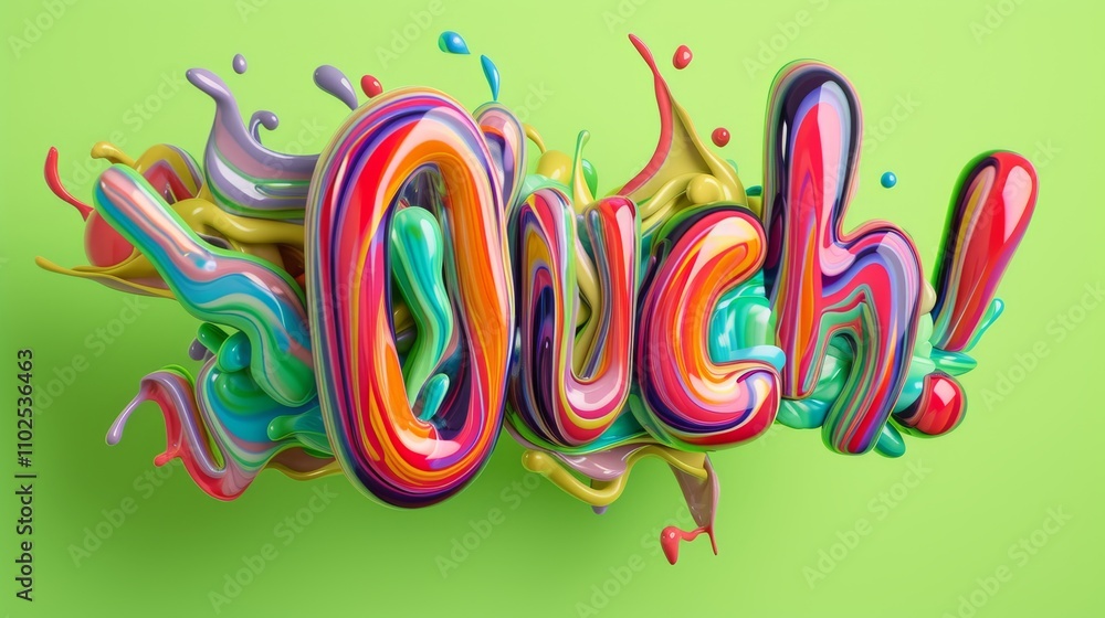 Poster playful and colorful 3d typography spelling ouch! with swirling paint in vivid hues, set against a l
