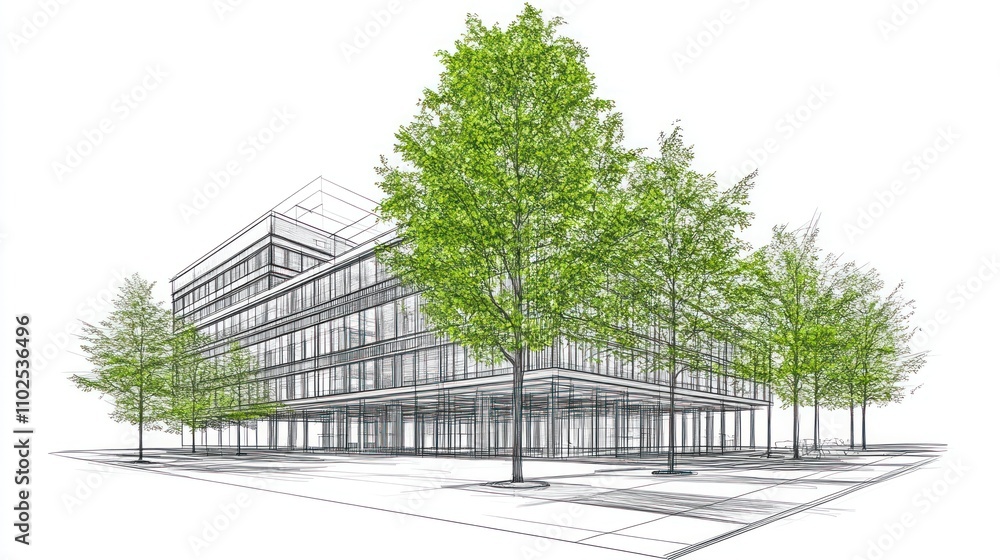 Poster a conceptual architectural rendering of a modern building surrounded by trees.