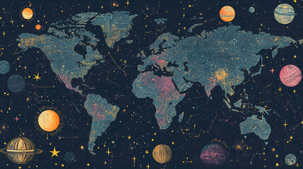 Colorful illustrated world map with celestial and planetary motifs, highlighting earth alongside stars, planets, and constellations. Celestial. Illustration