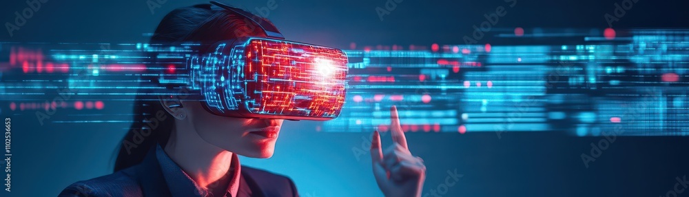 Poster a businesswoman using vr goggles, immersed in a strategy game simulation with multiple layers of int