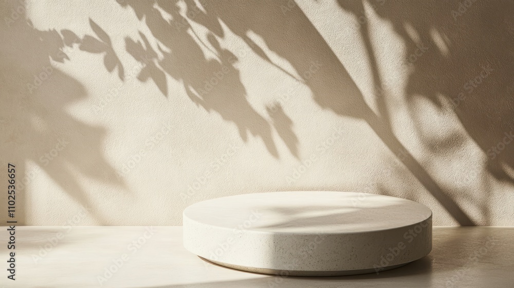 Poster a minimalist display featuring a circular platform with soft shadows from nearby foliage.