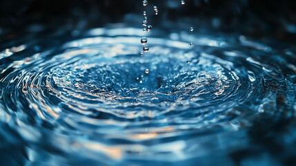 Close-up of water droplets creating circular ripples in vibrant blue liquid
