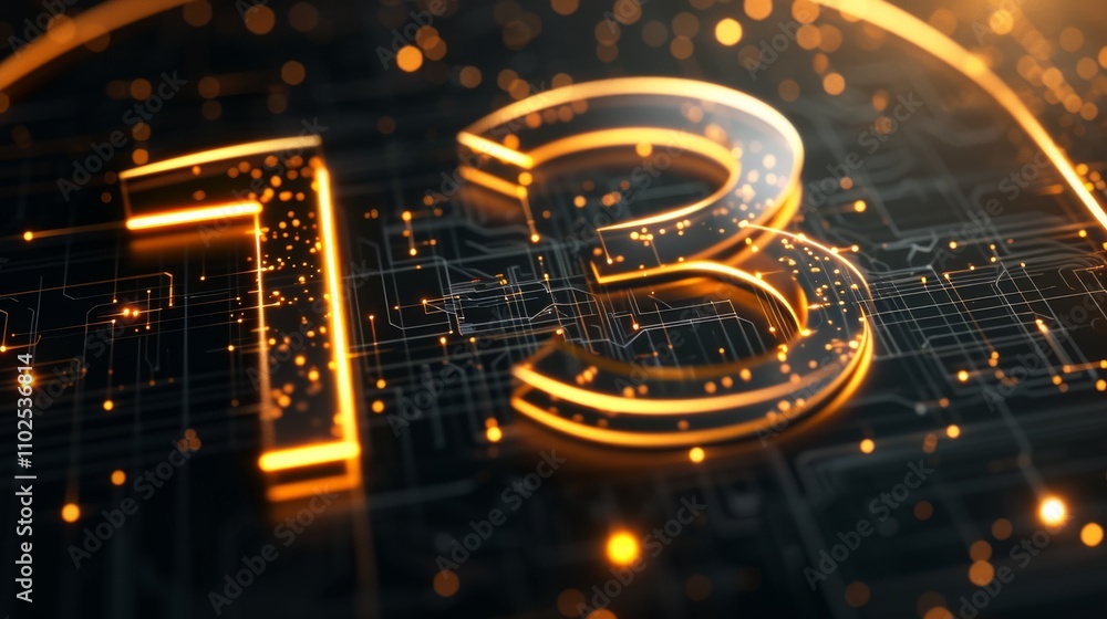 Poster a captivating close-up of the number 13 rendered in glowing golden tones with intricate digital circ