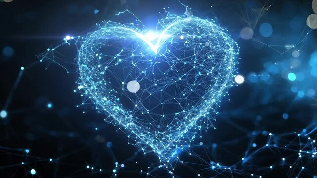 A glowing blue heart shape made of s and nodes on a dark background, symbolizing tech and health innovation 4K Video