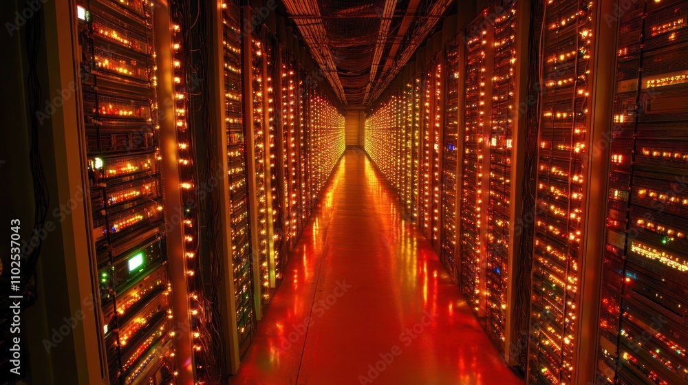 Poster a corridor of illuminated server racks in a data center, showcasing technology infrastructure.