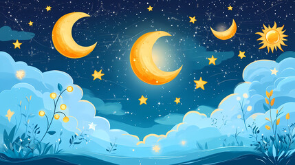 Elegant celestial icons featuring moon, stars, and sun in a serene blue background. perfect for mystical and astrology themes. Celestial. Illustration