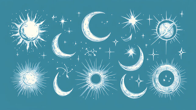 Elegant celestial icons featuring moon, stars, and sun in a serene blue background. perfect for mystical and astrology themes. Celestial. Illustration