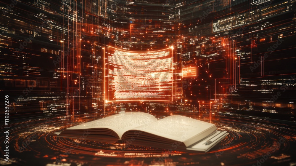 Poster an open book surrounded by digital data streams, symbolizing knowledge and technology.