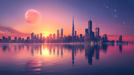 Fototapeta premium Futuristic city skyline illuminated by sunset with large celestial body above and reflections on calm water. generative ai. Celestial. Illustration