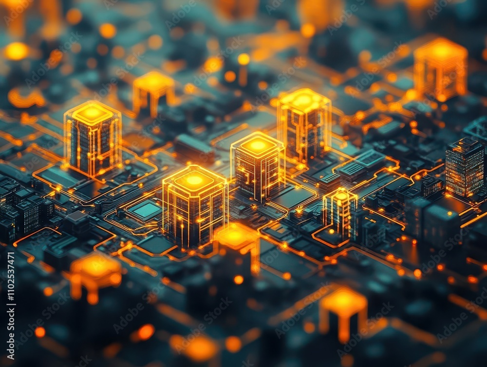 Aufkleber a cityscape with glowing protective nodes on critical infrastructure, top view, representing urban c