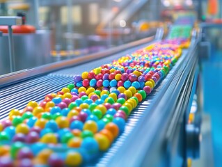 Colorful candies moving on conveyor belt.