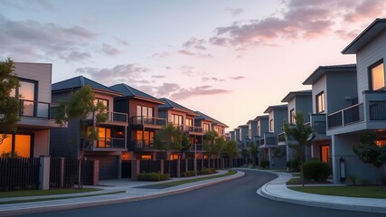 Fototapeta premium Row of modern townhouses in Melbourne suburb VIC Australia, design, real estate, cityscape