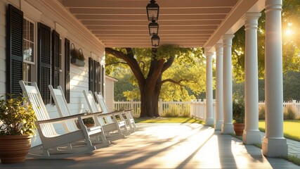 southern country living scene with a covered front porch, white rocking chairs, and a lush tree bathed in warm sunlight on a summer day, front porch, white, living