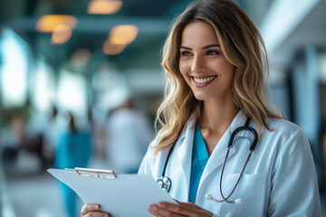 Smiling woman doctor in white coat, copy space