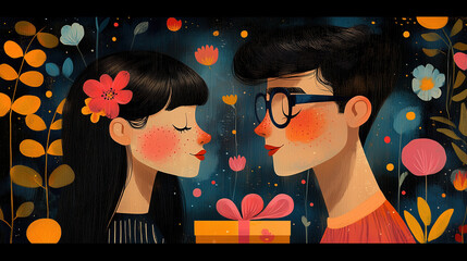 Couple exchanging affectionate glances amidst vibrant flowers and a colorful gift box. Generative AI