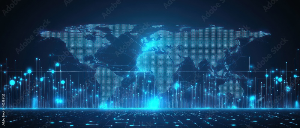 Poster a digital world map with glowing data points, symbolizing global connectivity and technology.